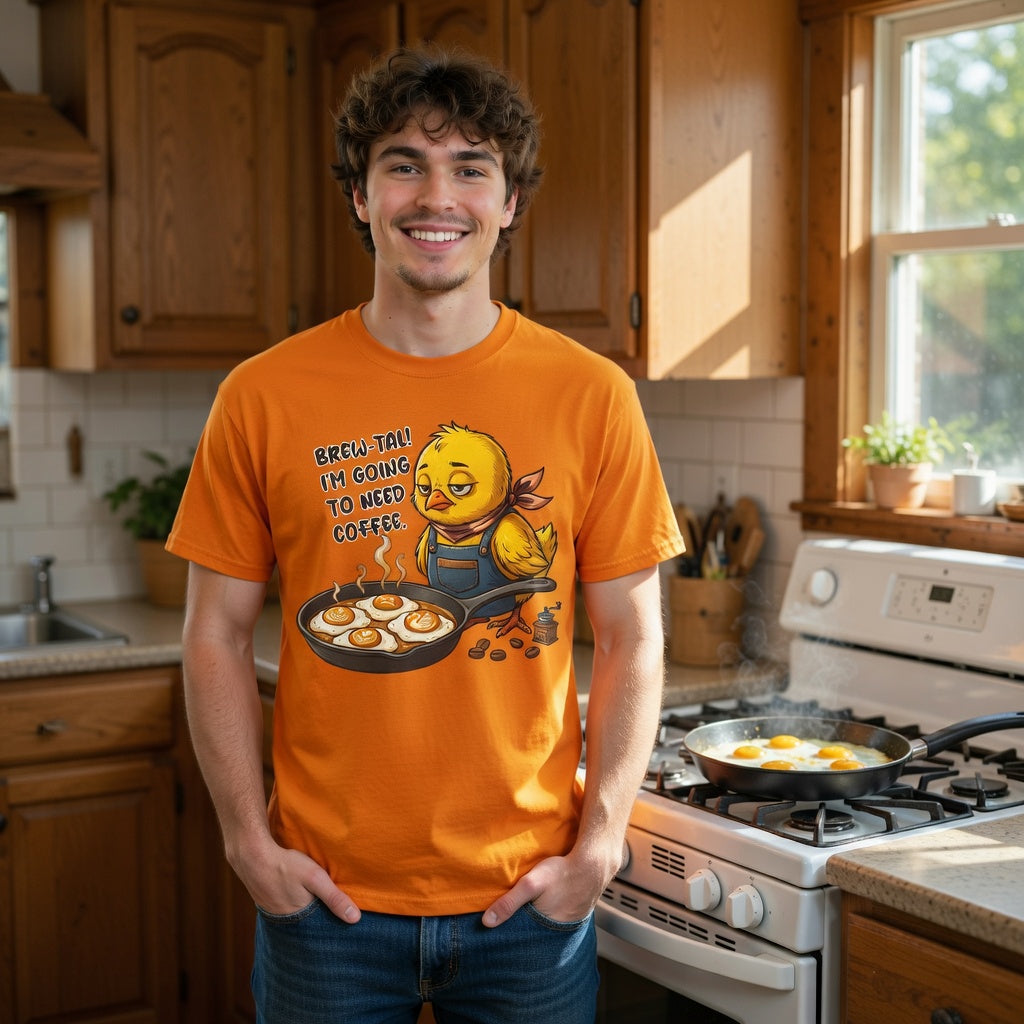A man in a kitchen wears an orange t-shirt with a sleepy chick graphic and Brew-Tal! coffee pun.