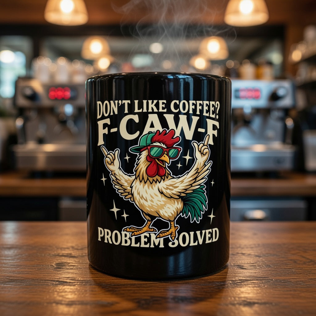Black ceramic mug with a cartoon rooster and the text Don't Like Coffee? F-Caw-F Problem Solved.