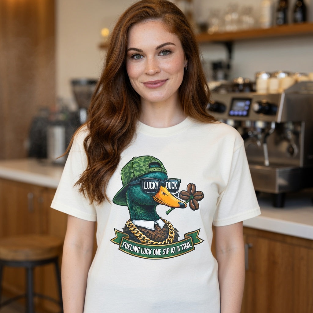 A woman wears a cream t-shirt featuring a cool duck graphic with the text Lucky Duck.