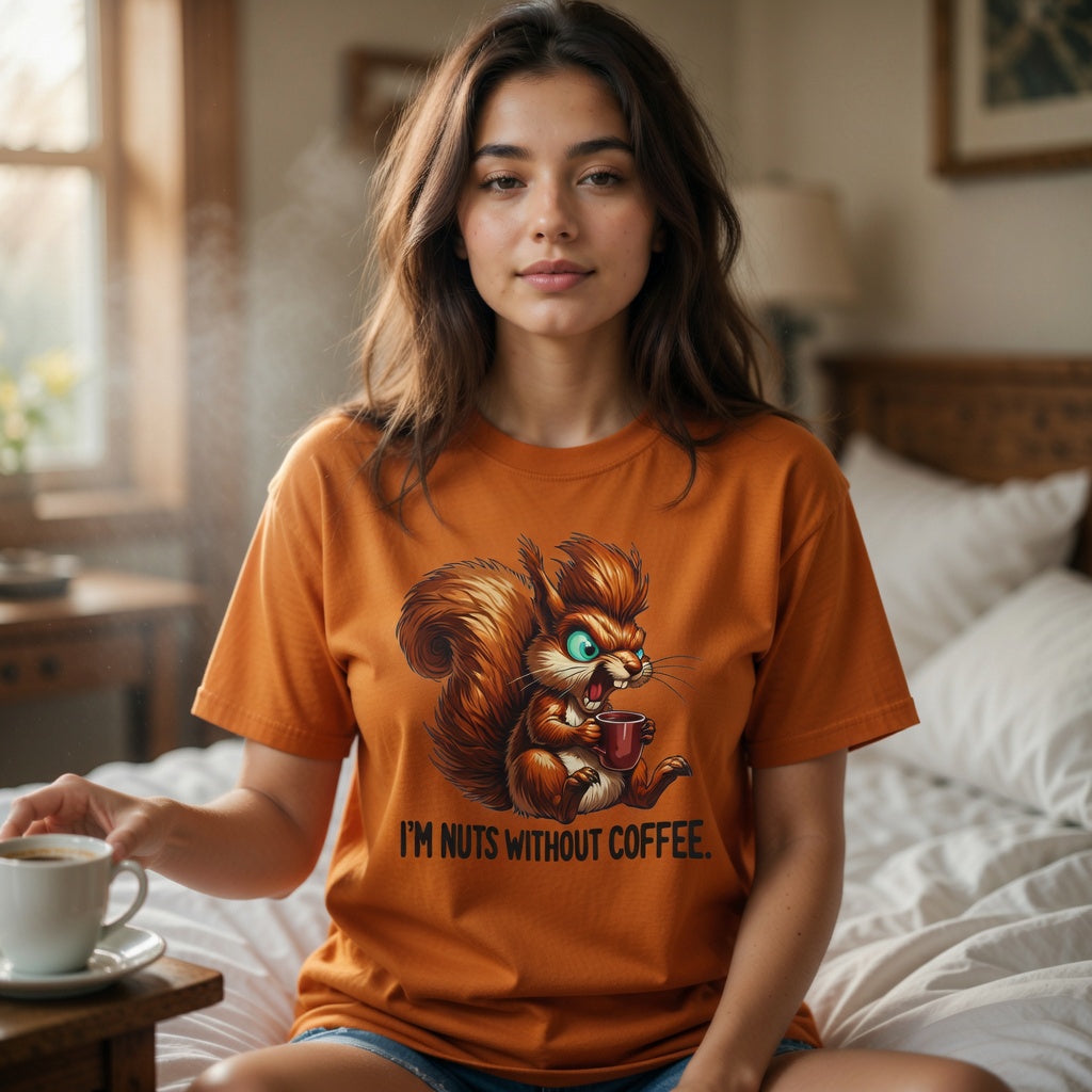 A woman wearing an orange t-shirt with a squirrel graphic and the text I'm Nuts Without Coffee.
