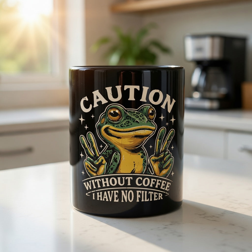 Black ceramic coffee mug featuring a cartoon frog and the text Caution Without Coffee I Have No Filter.