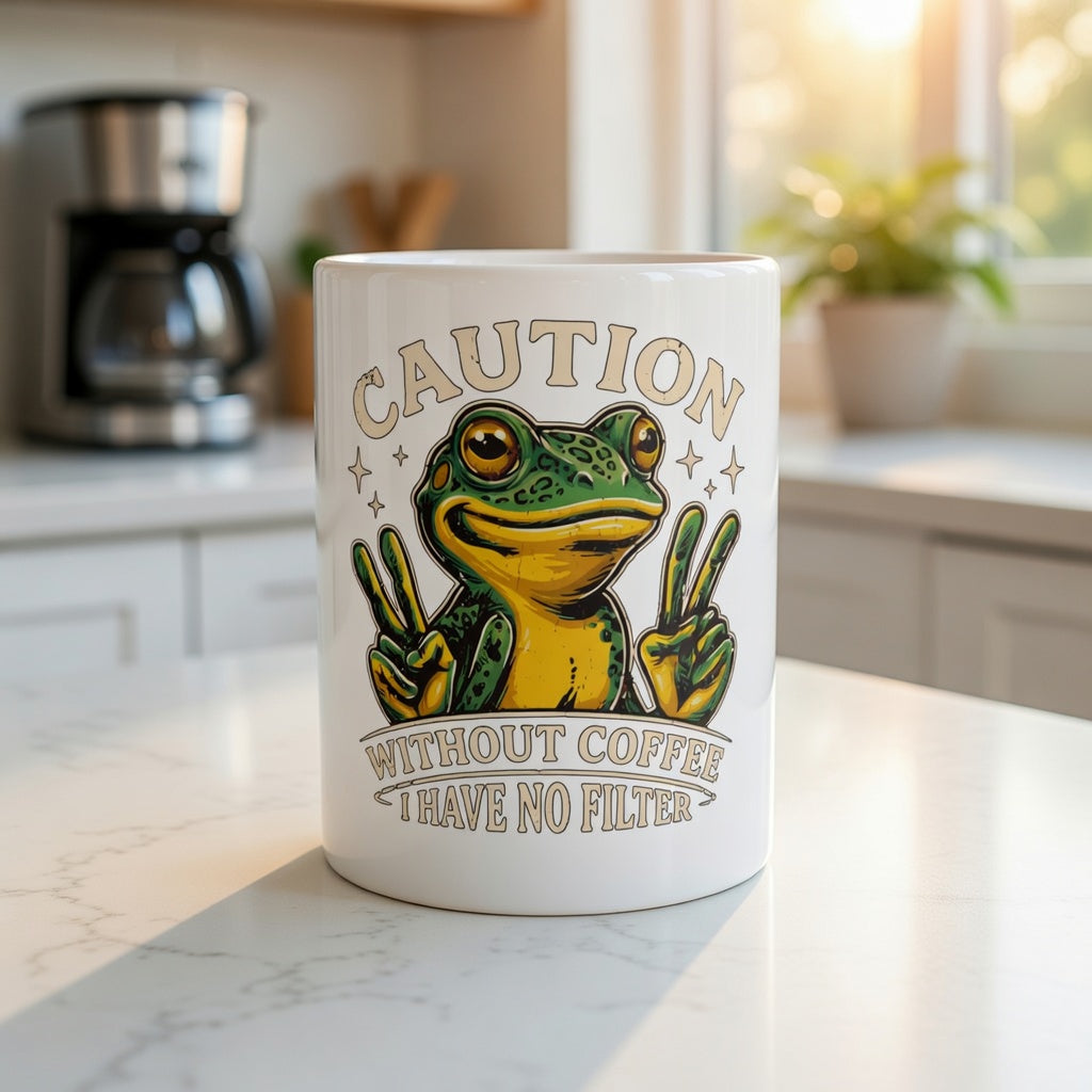 White ceramic mug featuring a cartoon frog and the text Caution Without Coffee I Have No Filter.