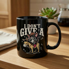 Black coffee mug featuring a cowboy mouse on a donkey with the text I Don't Give A.