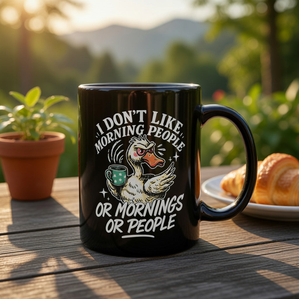 Black ceramic mug with a grumpy duck and the text I don't like morning people or mornings or people.