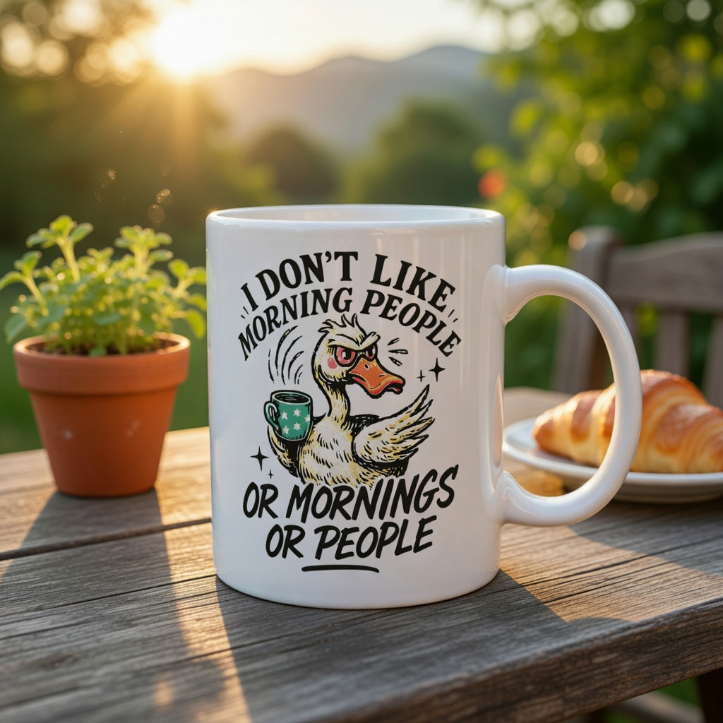 White ceramic mug with a grumpy duck illustration and funny text on a wooden outdoor table.