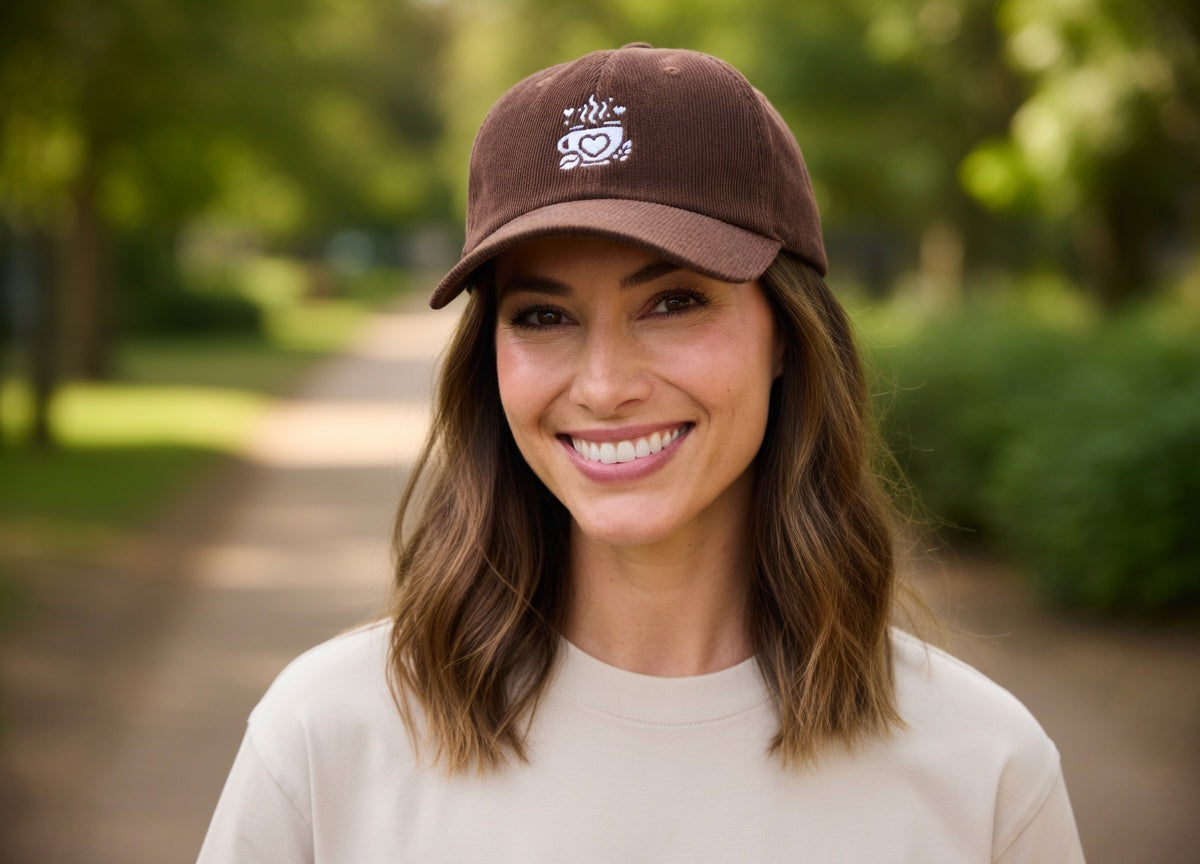 A woman wears a brown corduroy cap featuring an embroidered white coffee cup with a heart logo.