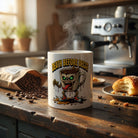 White ceramic mug featuring a zombie coffee cup illustration and the text Death Before Decaf.