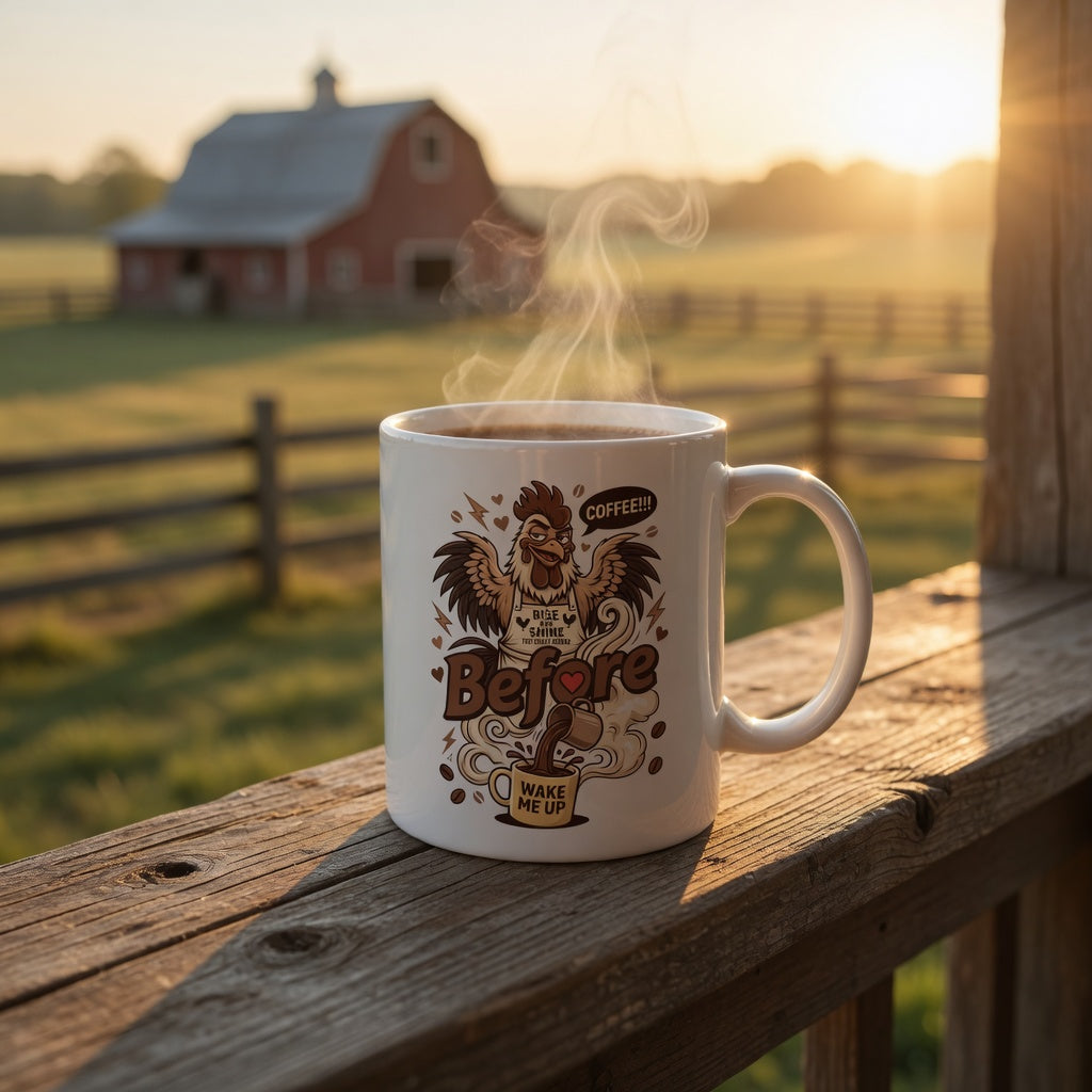 White ceramic mug with a rooster design and Before Coffee text on a wooden porch at sunrise.
