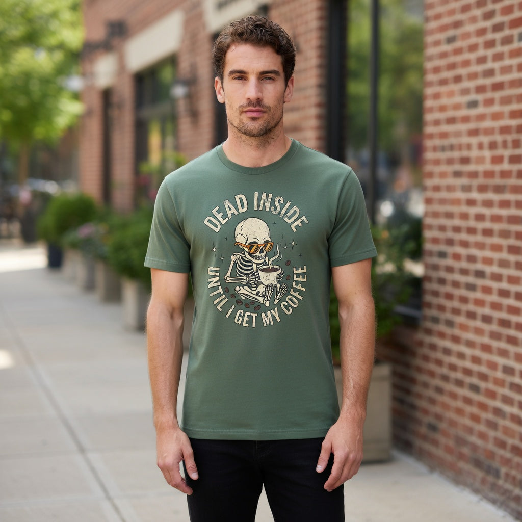 Olive green t-shirt featuring a skeleton wearing sunglasses and holding a coffee mug.