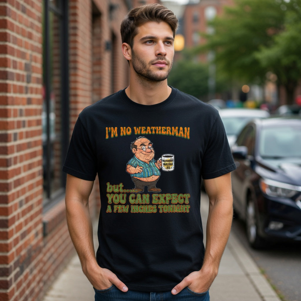 Black unisex cotton t-shirt featuring a cartoon man and a funny weatherman quote.