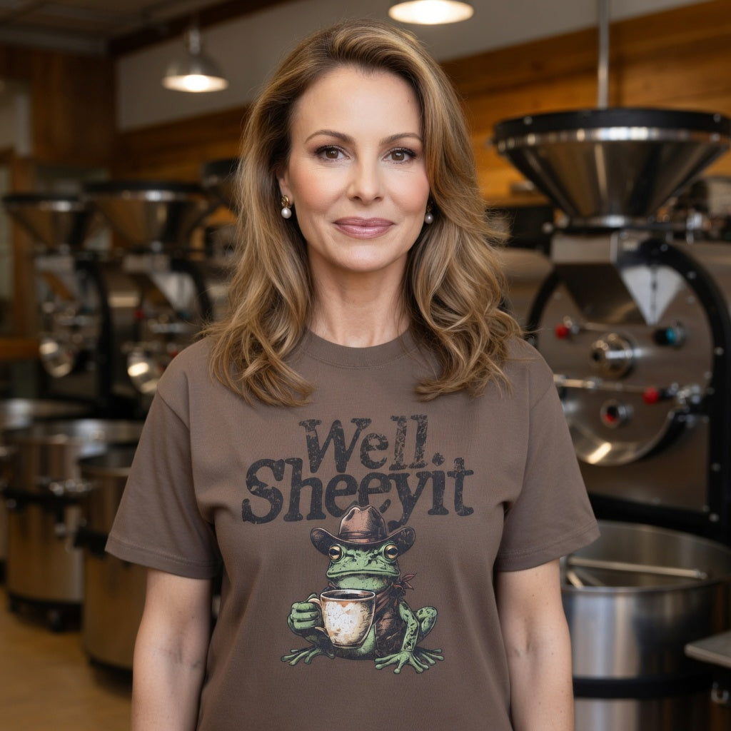 Brown unisex cotton t-shirt featuring a distressed graphic of a cowboy frog holding a coffee mug.