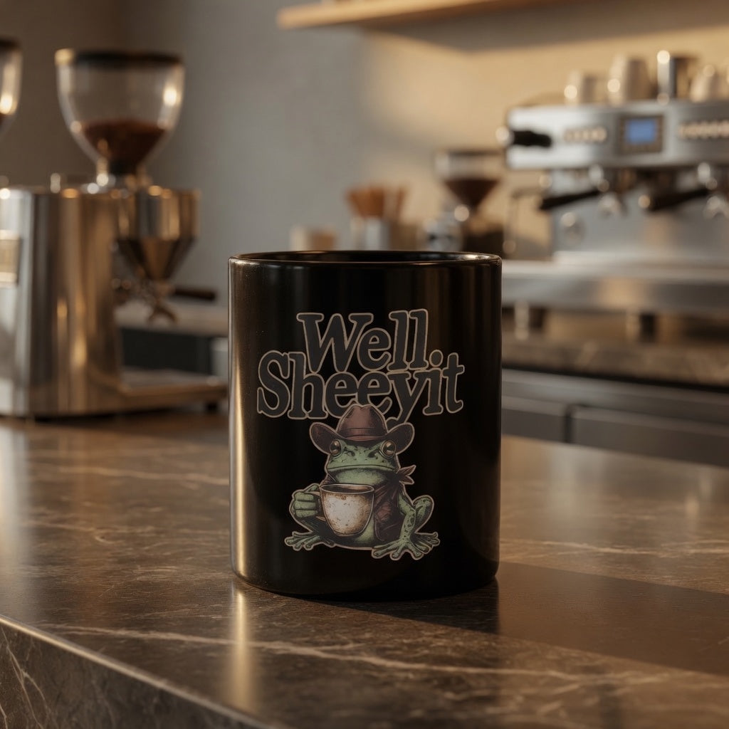 Black ceramic mug featuring a graphic of a cowboy frog holding a coffee cup with text Well Sheeyit.