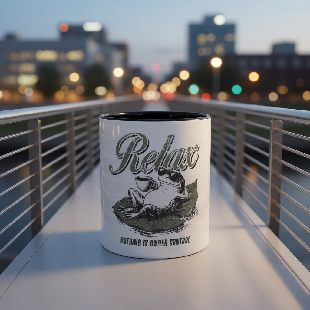 White ceramic mug featuring a frog relaxing on a leaf with the text Relax Nothing Is Under Control.