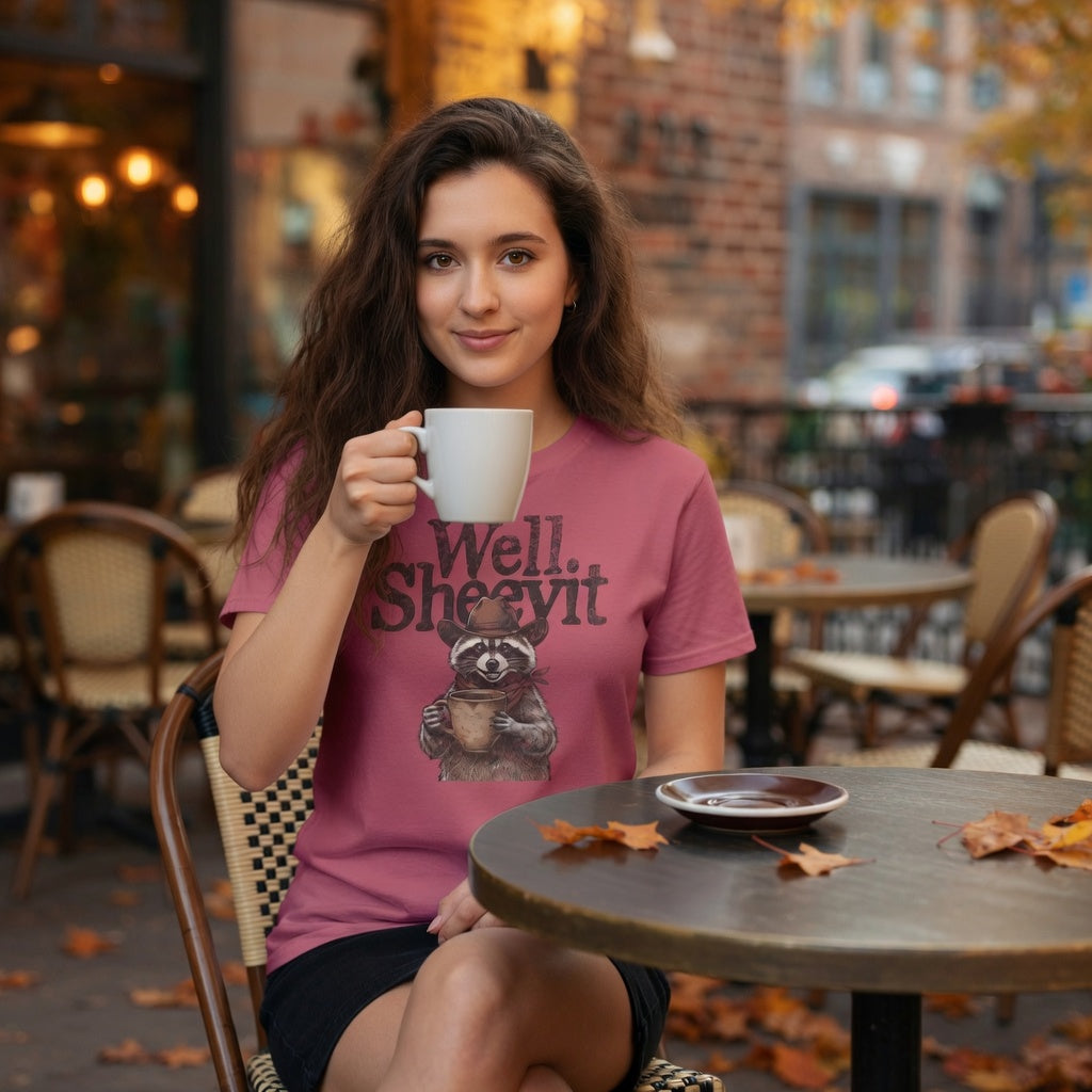 Woman wearing a pink t-shirt with a distressed cowboy raccoon graphic and the text Well Sheeyit.