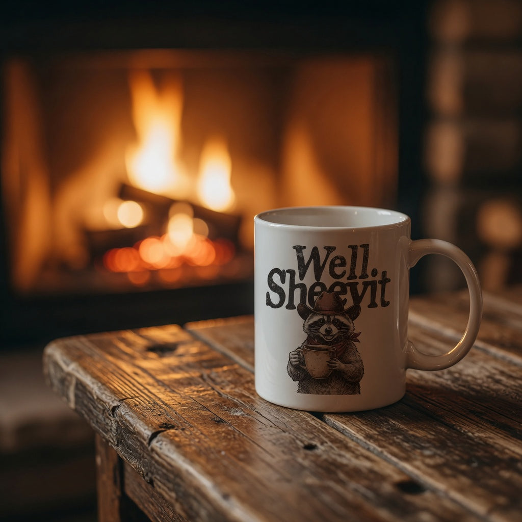 11oz white ceramic mug featuring a cowboy raccoon illustration and the text Well. Sheevit.
