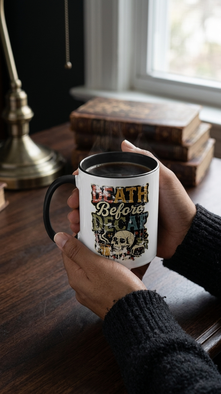 A person holding a white ceramic mug with a retro skull graphic and the text Death Before Decaf.