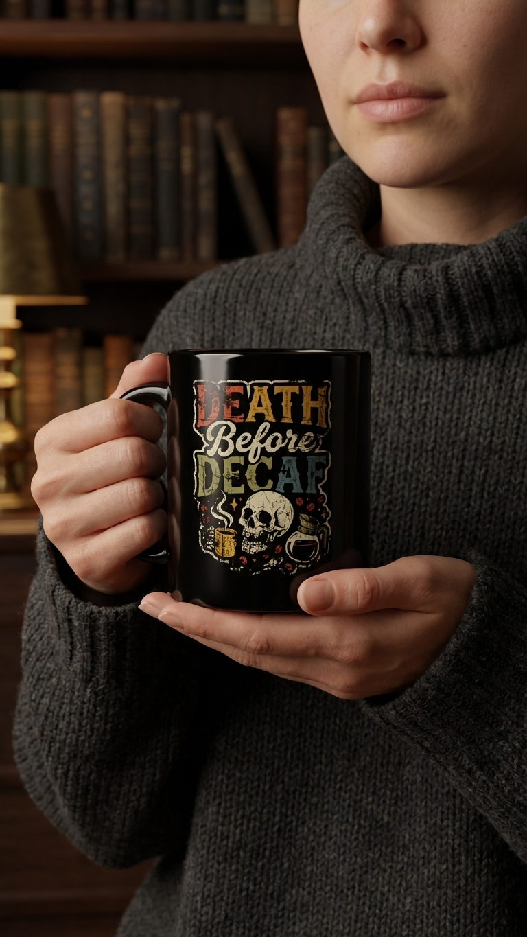 Black ceramic mug featuring a skull design and the text Death Before Decaf.