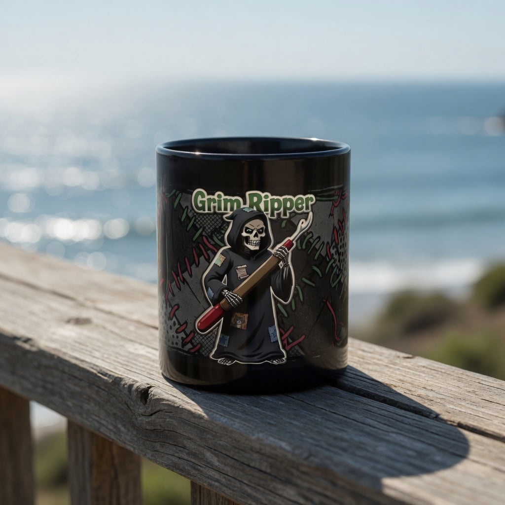 Black ceramic mug featuring a cartoon Grim Reaper holding a seam ripper tool with ocean background.