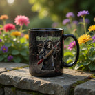 Black ceramic mug with a Grim Ripper sewing design, sitting on a stone wall in a garden.