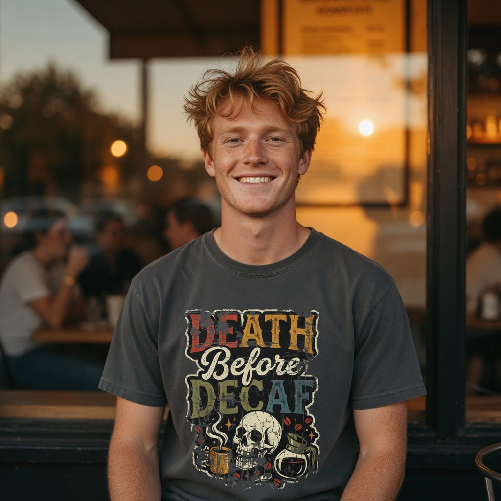 A man wearing a charcoal grey t-shirt with a distressed Death Before Decaf graphic print.