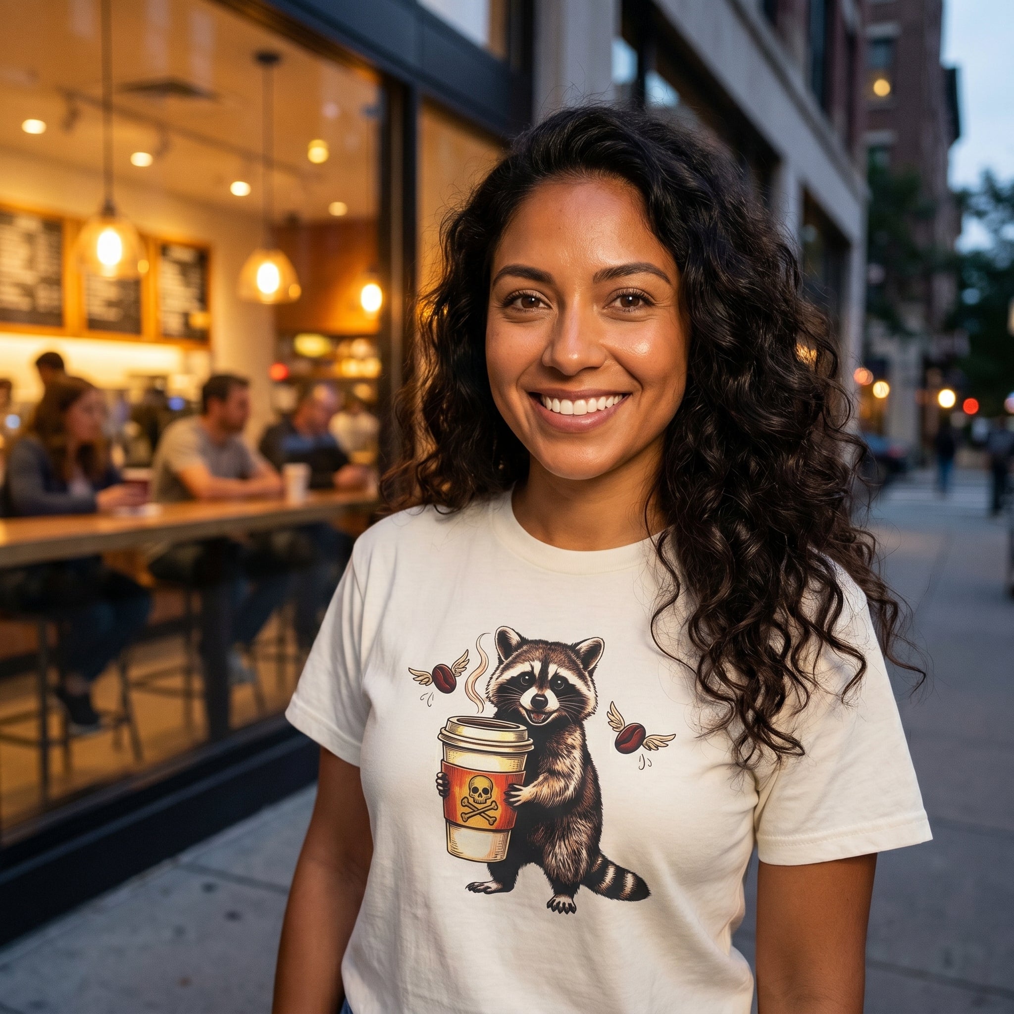Woman wearing a white Comfort Colors t-shirt with a graphic of a raccoon holding a coffee cup.