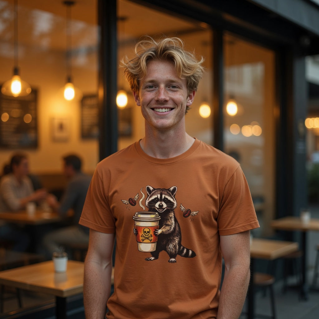 Unisex Comfort Colors 1717 cotton tee featuring a raccoon holding a coffee cup with a skull logo.