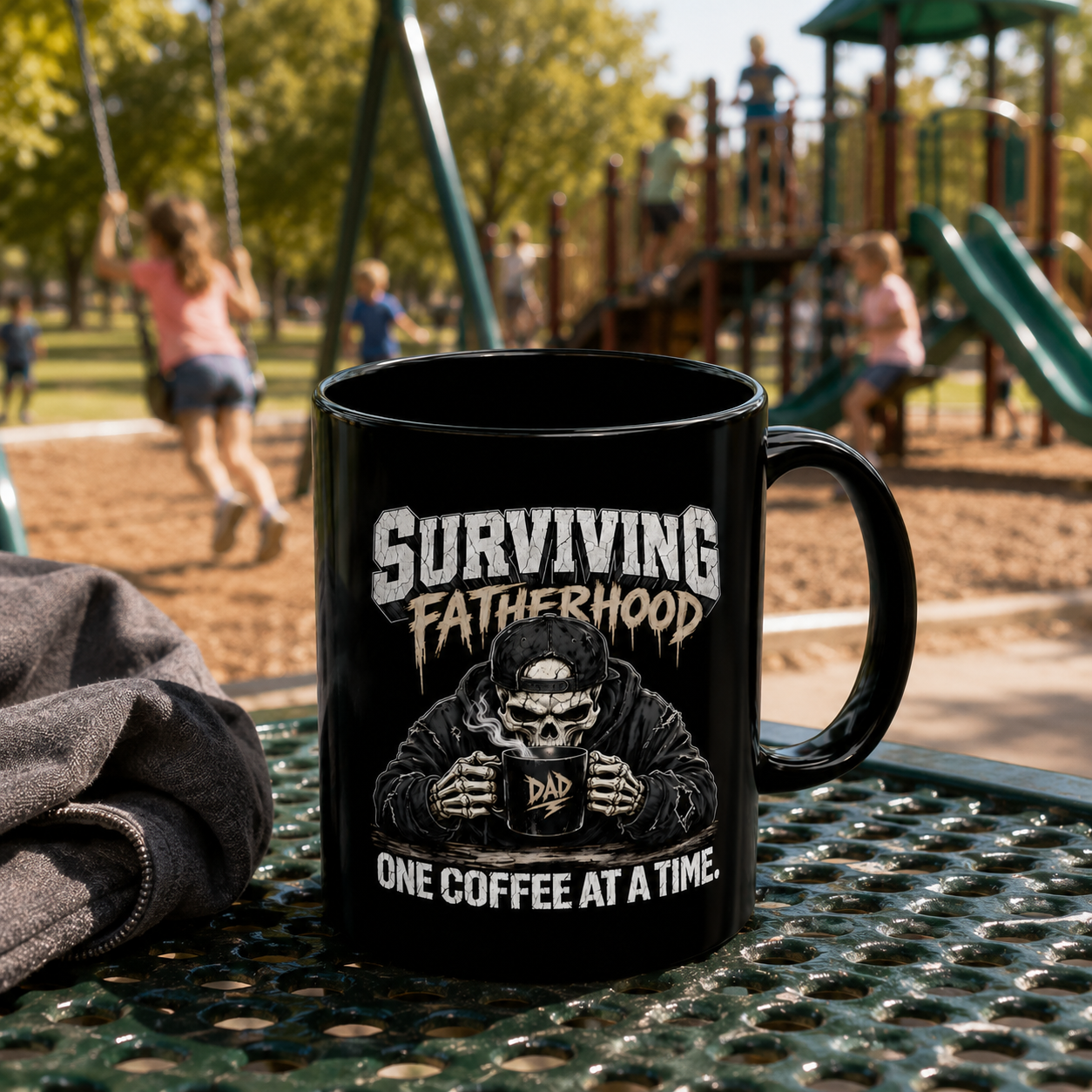 Black ceramic coffee mug with a skeleton graphic and text Surviving Fatherhood One Coffee At A Time.