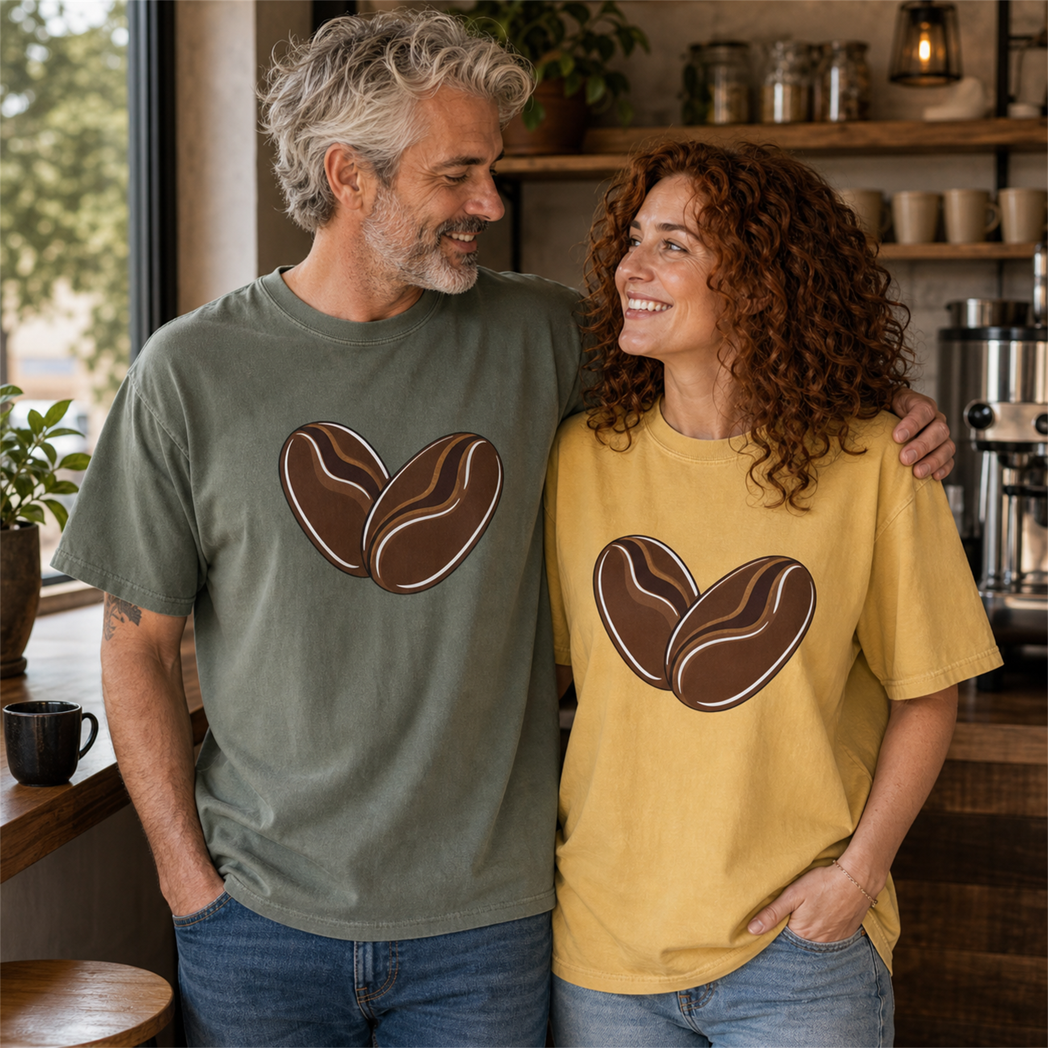 Man and woman wearing oversized coffee bean heart graphic tees in olive green and mustard yellow.