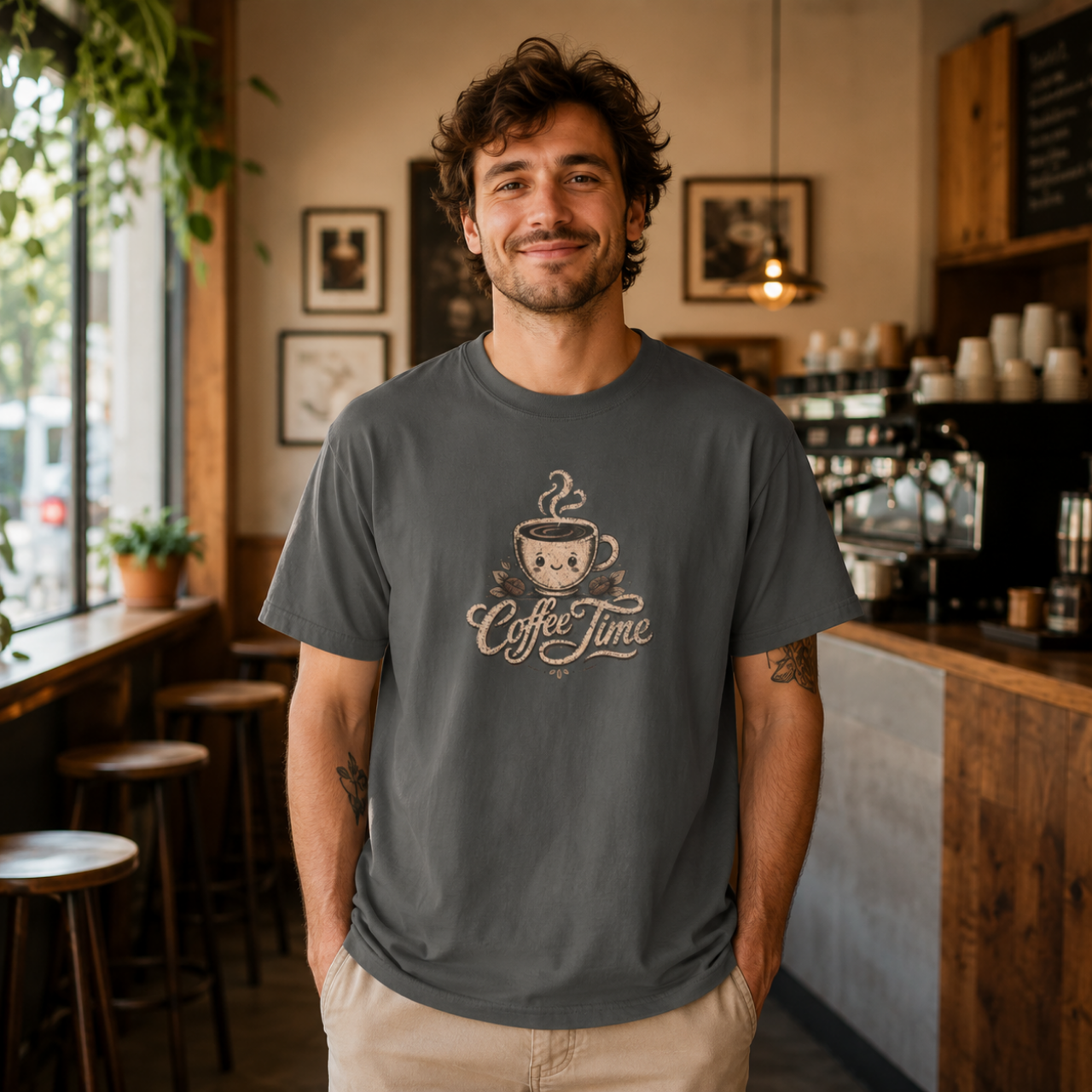 Man in a charcoal grey Vintage Coffee Time Heavyweight Cotton Graphic T-Shirt in a cafe setting.