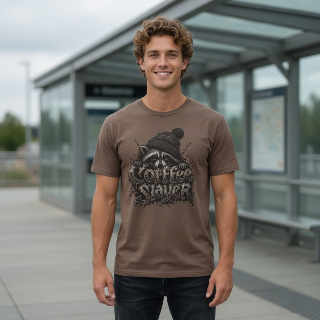 Man in a brown Coffee Slayer graphic tee with a raccoon illustration and psychedelic typography.