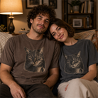 A man and woman wearing vintage-style t-shirts featuring a cat drinking coffee.