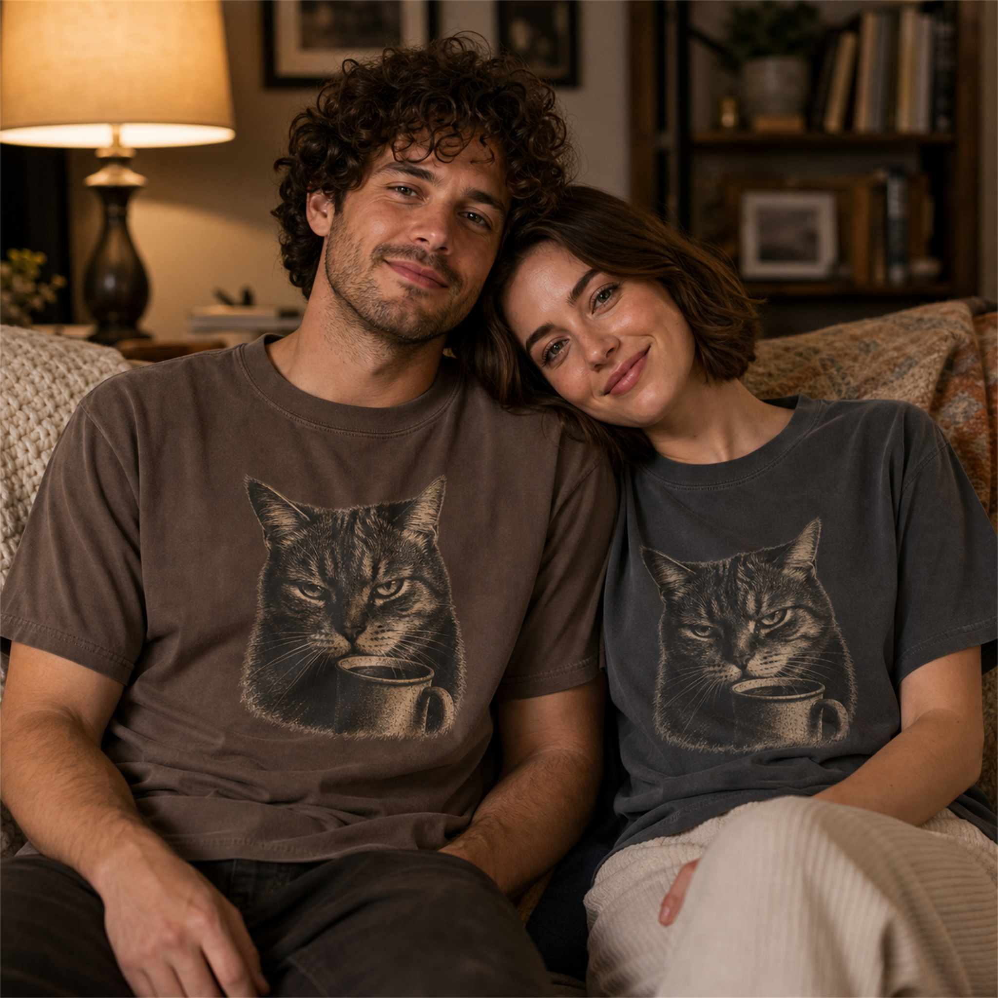 A man and woman wearing vintage-style t-shirts featuring a cat drinking coffee.