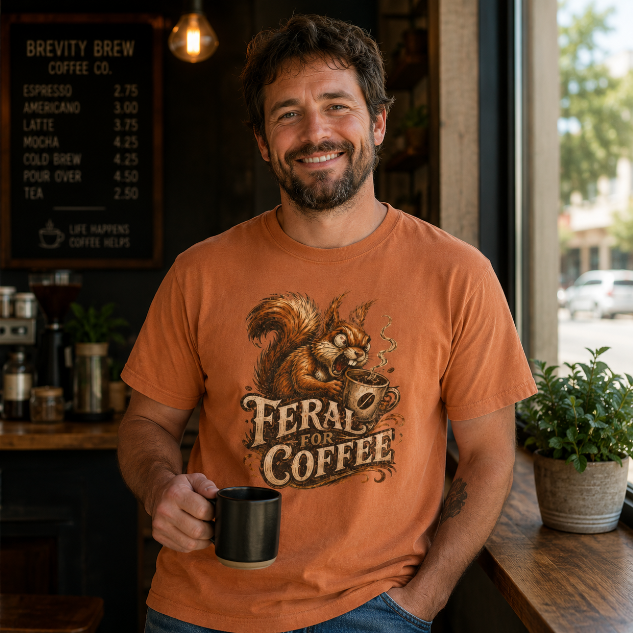 Man in an orange t-shirt with a squirrel graphic and the text Feral For Coffee holding a black mug.