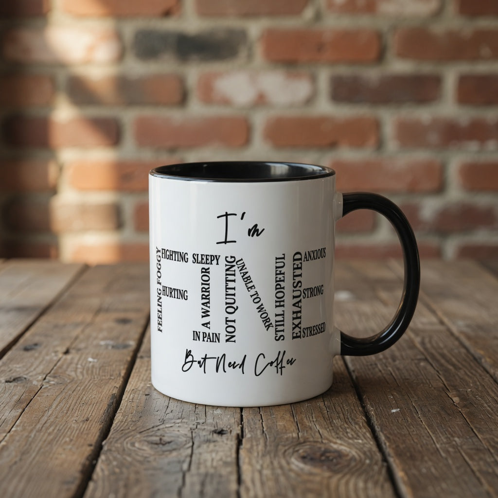 White ceramic accent mug with black handle and interior, featuring a word cloud design and text.