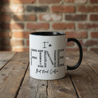 White ceramic accent mug with black handle and interior, featuring a word cloud design and text.