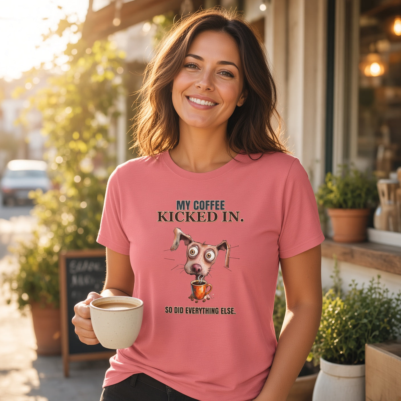 A woman wearing a pink graphic t-shirt stands in a sunlit cafe setting, holding a cup of coffee. The t-shirt features a cartoon dog with a coffee cup and the text 'MY COFFEE KICKED IN.