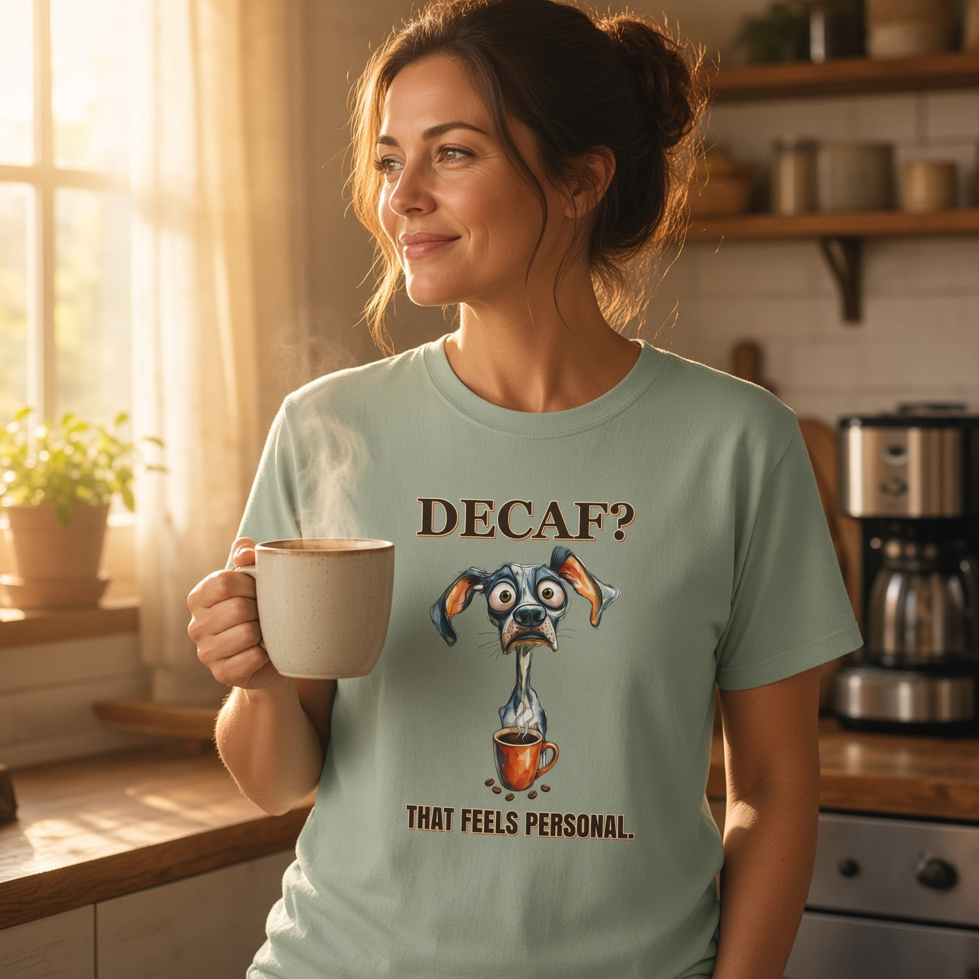 Decaf? That Feels Personal Tee — Funny Coffee Dog T-Shirt