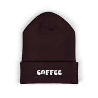 Embroidered "COFFEE" cuffed beanie in dark brown.