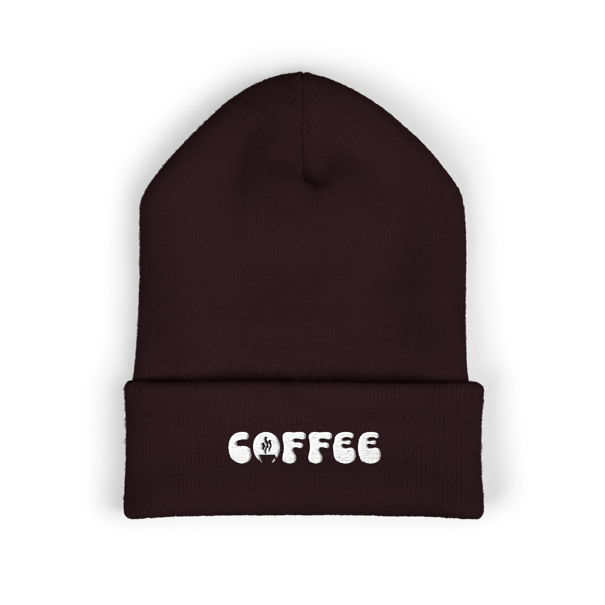 Embroidered "COFFEE" cuffed beanie in dark brown.
