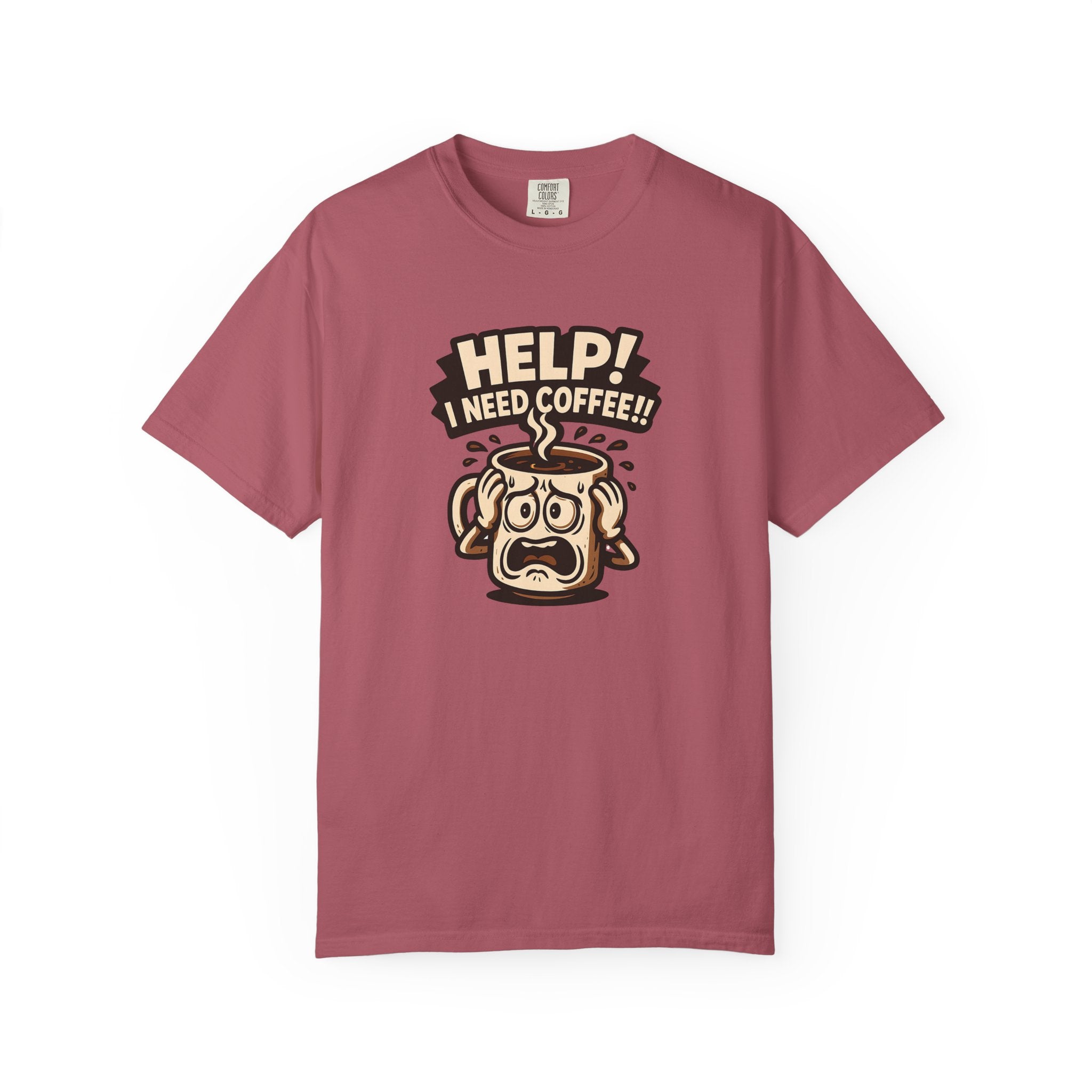 A dusty rose oversized cotton t-shirt featuring a cartoon coffee mug looking stressed.