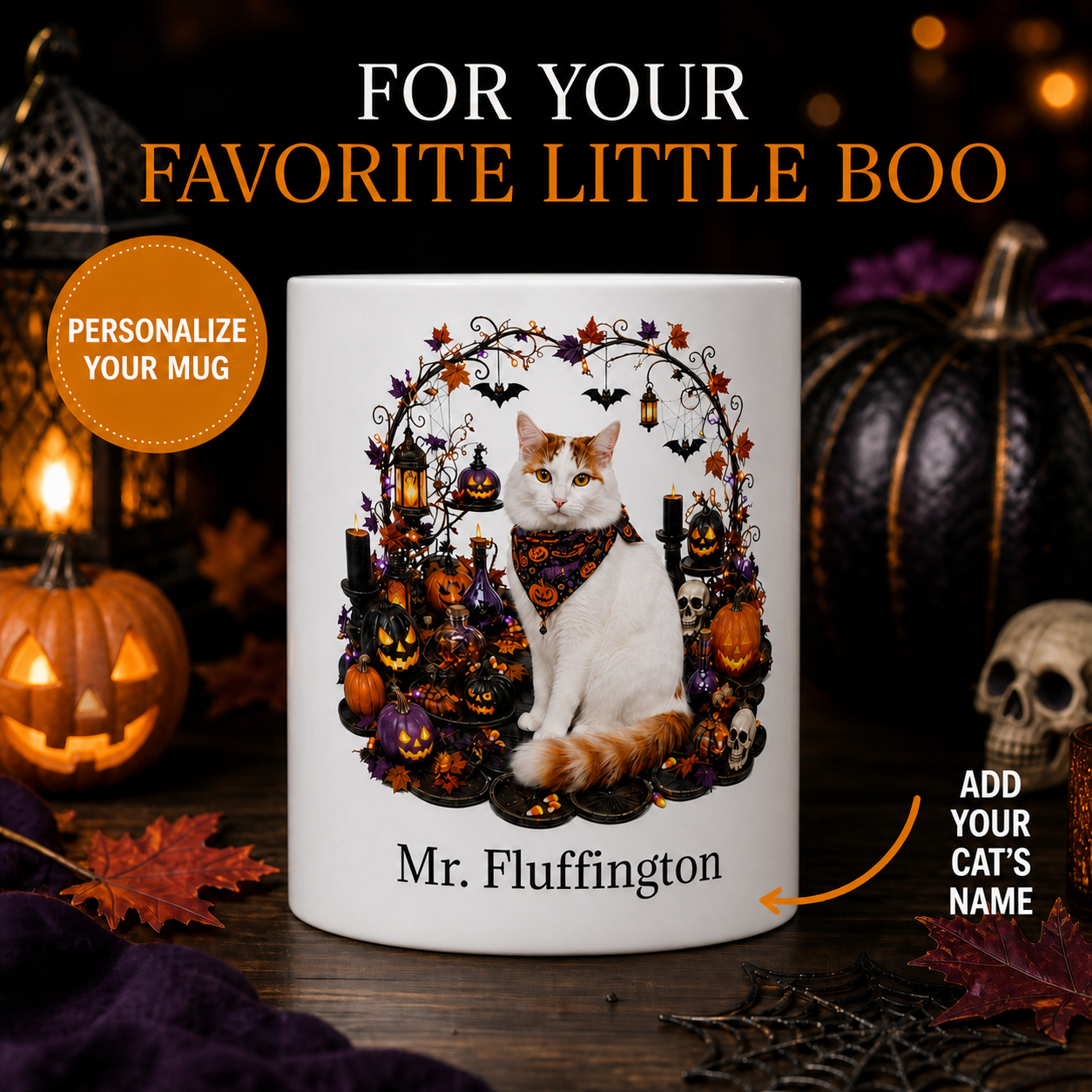 Personalized Turkish Van Cat Halloween Mug – Custom Pet Name Gift – front view with no handle