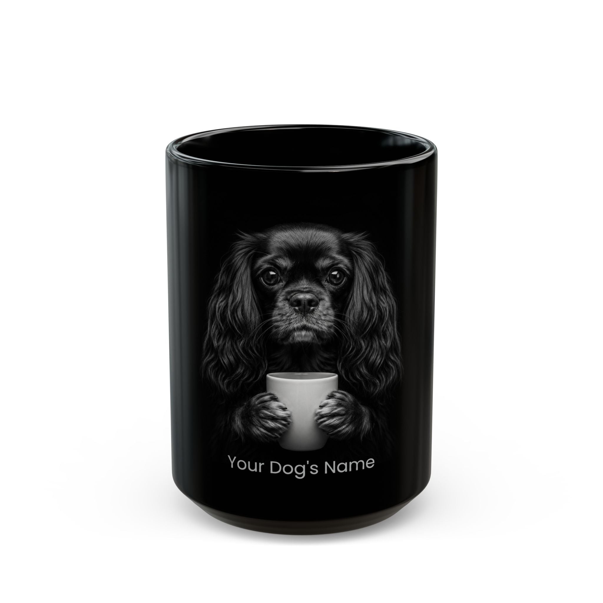 Personalized English Toy Spaniel black ceramic coffee mug with custom dog name