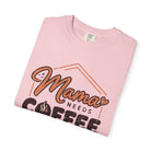 Folded Blossom Mama Needs Coffee T-shirt showing the distressed coffee graphic.