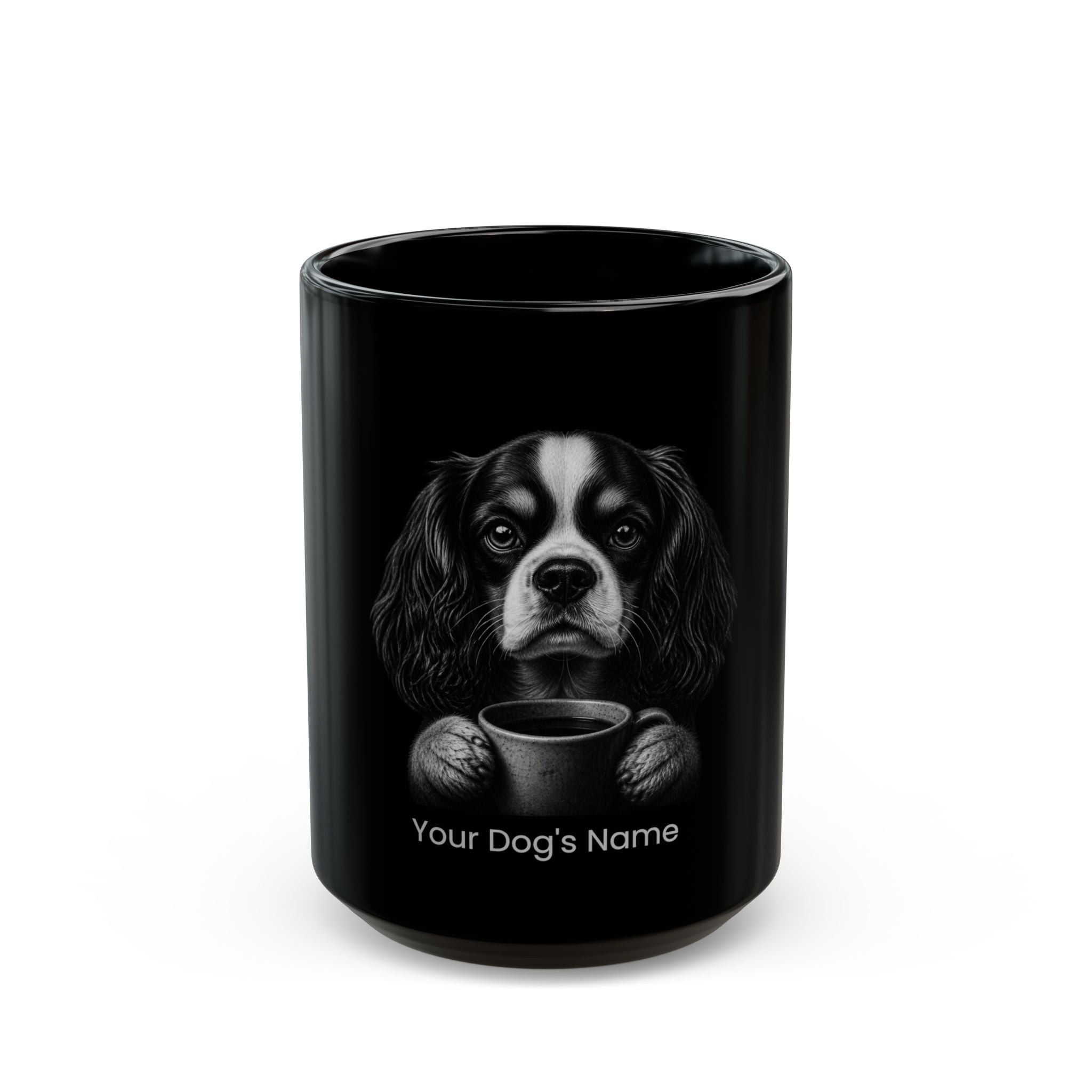 Personalized Charles Spaniel black ceramic coffee mug with custom dog name