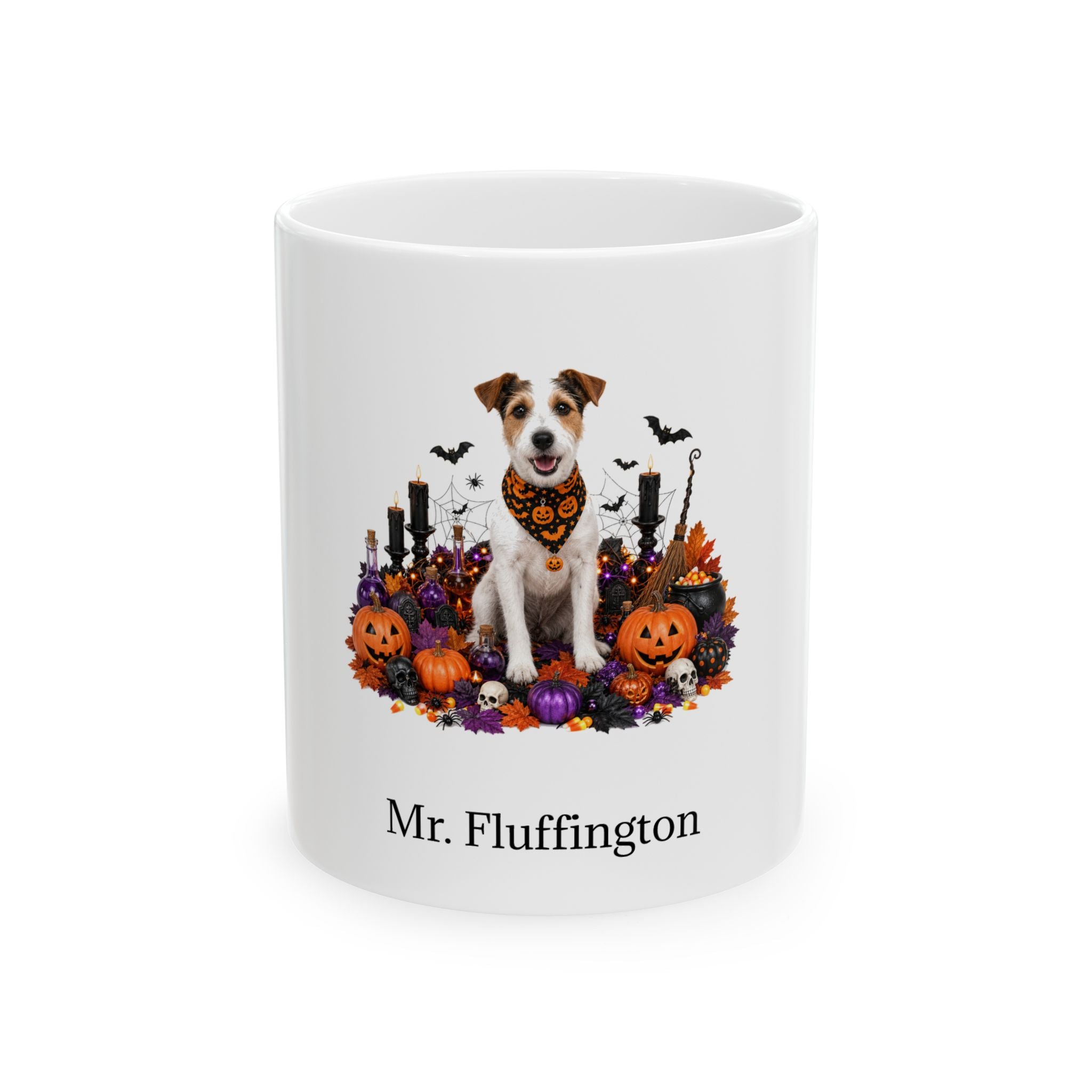 Personalized Parson Russell Terrier dog Halloween mug, 15oz white ceramic, with custom pet name on front