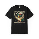 Black crewneck t-shirt featuring a graphic of a cool rooster wearing sunglasses and a cap.