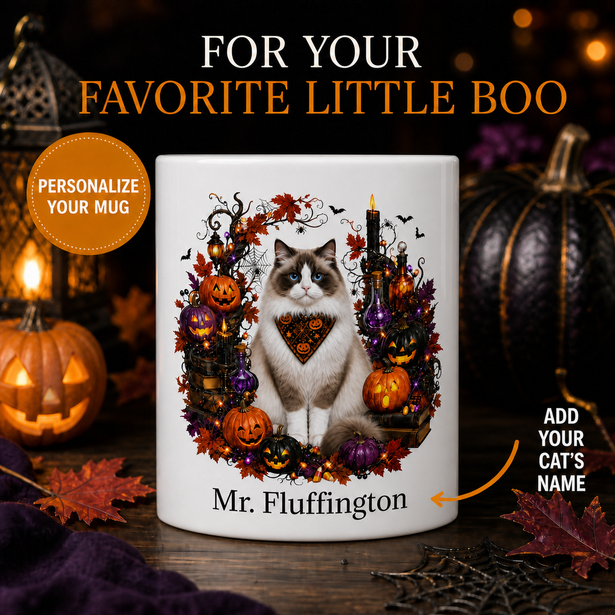 Personalized Ragdoll Cat Halloween Mug – Custom Pet Name Gift – front view with no handle