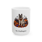 Personalized Norwegian Elkhound dog Halloween mug, 15oz white ceramic, with custom pet name on front