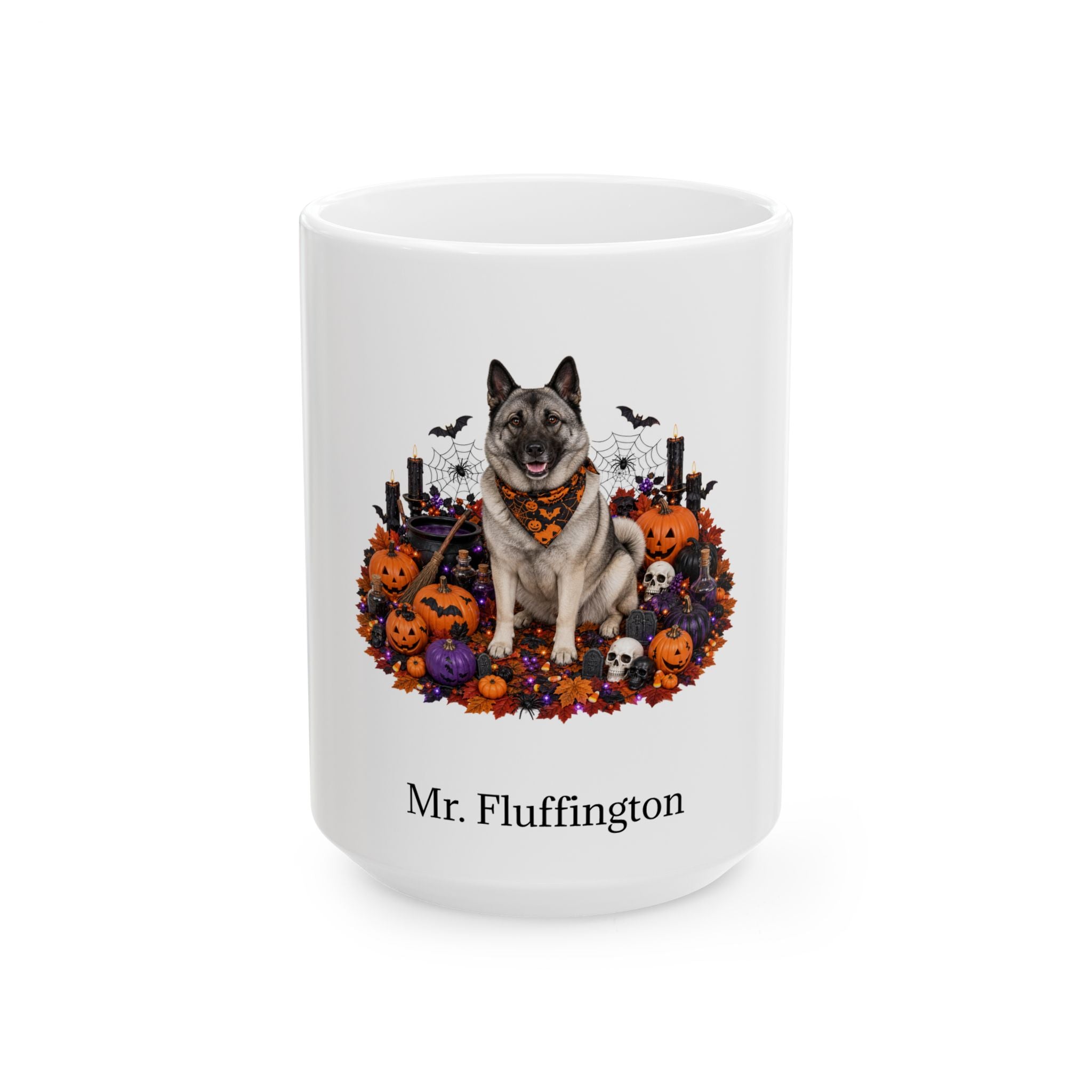 Personalized Norwegian Elkhound dog Halloween mug, 15oz white ceramic, with custom pet name on front