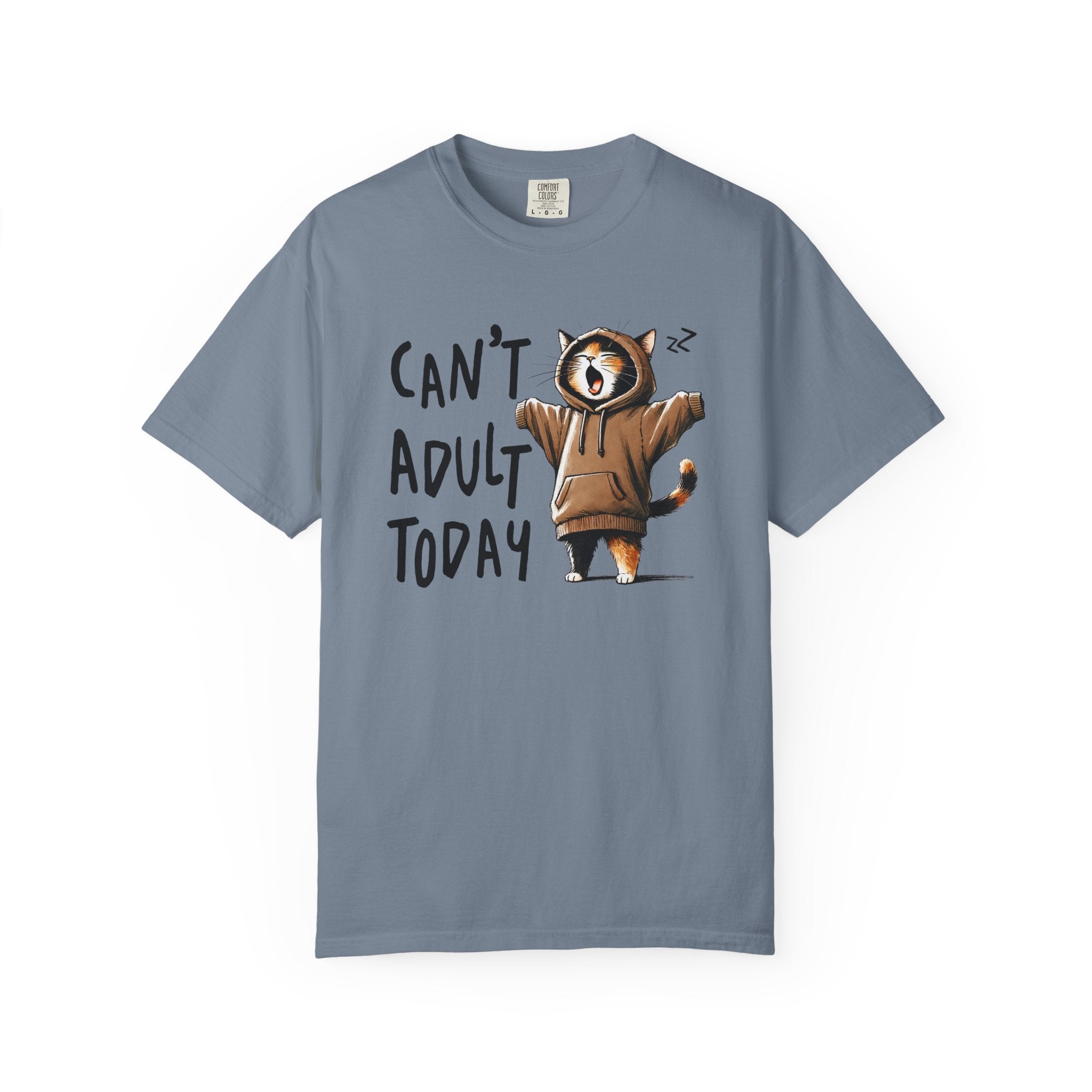 A blue heavyweight cotton t-shirt featuring a graphic of a yawning cat wearing a hoodie.